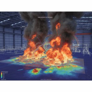 rendering digitale tridimensionale (CFD) di un incendio in un capannone
